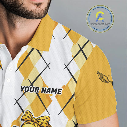 Mens Funny Duck Golfer Polo Golf Shirts Custom White Yellow Argyle Golf Team Attire For Golfers NYN3057