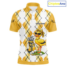 Load image into Gallery viewer, Mens Funny Duck Golfer Polo Golf Shirts Custom White Yellow Argyle Golf Team Attire For Golfers NYN3057