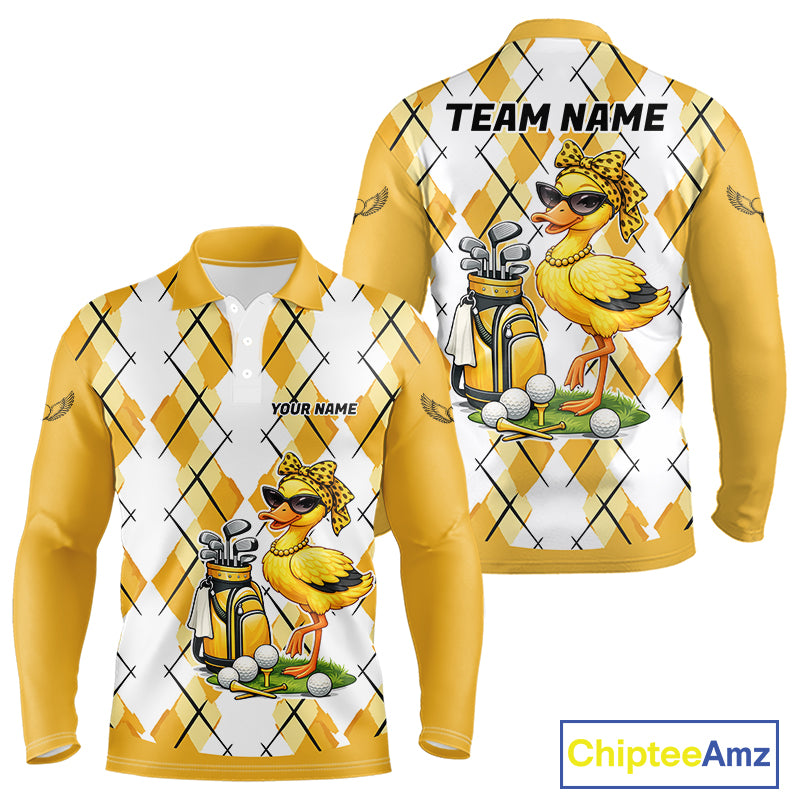 Mens Funny Duck Golfer Polo Golf Shirts Custom White Yellow Argyle Golf Team Attire For Golfers NYN3057