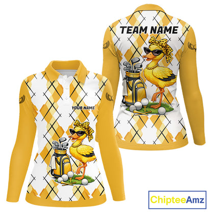 Womens Funny Duck Golfer Polo Golf Shirts Custom White Yellow Argyle Golf Team Attire For Golfers NYN3057