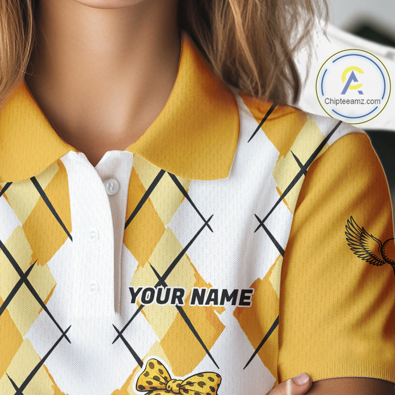 Womens Funny Duck Golfer Polo Golf Shirts Custom White Yellow Argyle Golf Team Attire For Golfers NYN3057