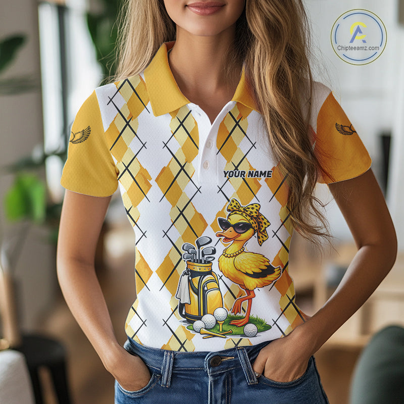 Womens Funny Duck Golfer Polo Golf Shirts Custom White Yellow Argyle Golf Team Attire For Golfers NYN3057