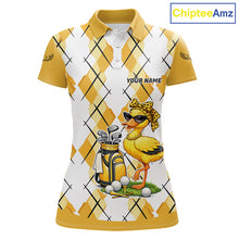 Load image into Gallery viewer, Womens Funny Duck Golfer Polo Golf Shirts Custom White Yellow Argyle Golf Team Attire For Golfers NYN3057