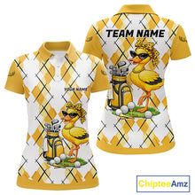 Load image into Gallery viewer, Womens Funny Duck Golfer Polo Golf Shirts Custom White Yellow Argyle Golf Team Attire For Golfers NYN3057