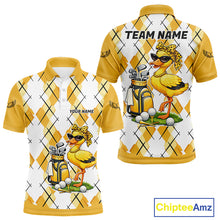 Load image into Gallery viewer, Mens Funny Duck Golfer Polo Golf Shirts Custom White Yellow Argyle Golf Team Attire For Golfers NYN3057