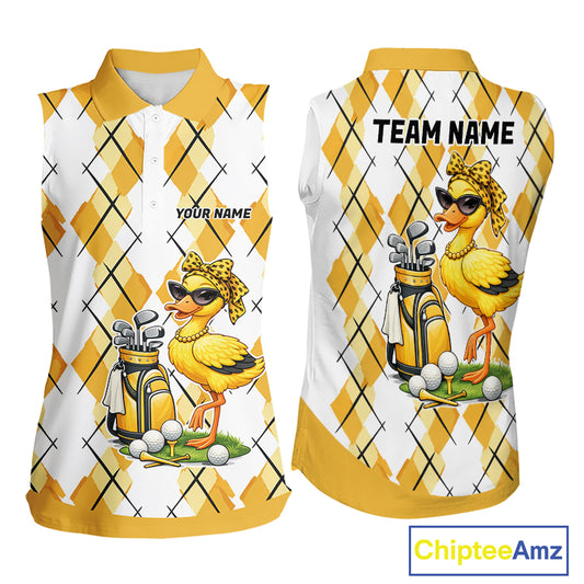 Womens Funny Duck Golfer Sleeveless Polo Golf Shirts Custom White Yellow Argyle Golf Attire For Golfers NYN3057