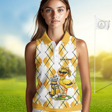 Load image into Gallery viewer, Womens Funny Duck Golfer Sleeveless Polo Golf Shirts Custom White Yellow Argyle Golf Attire For Golfers NYN3057