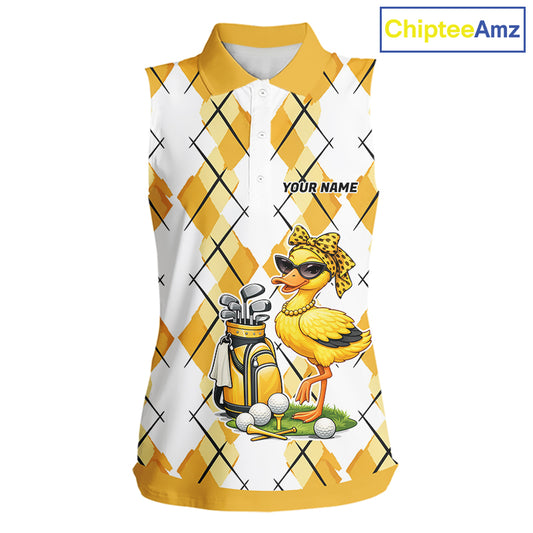 Womens Funny Duck Golfer Sleeveless Polo Golf Shirts Custom White Yellow Argyle Golf Attire For Golfers NYN3057
