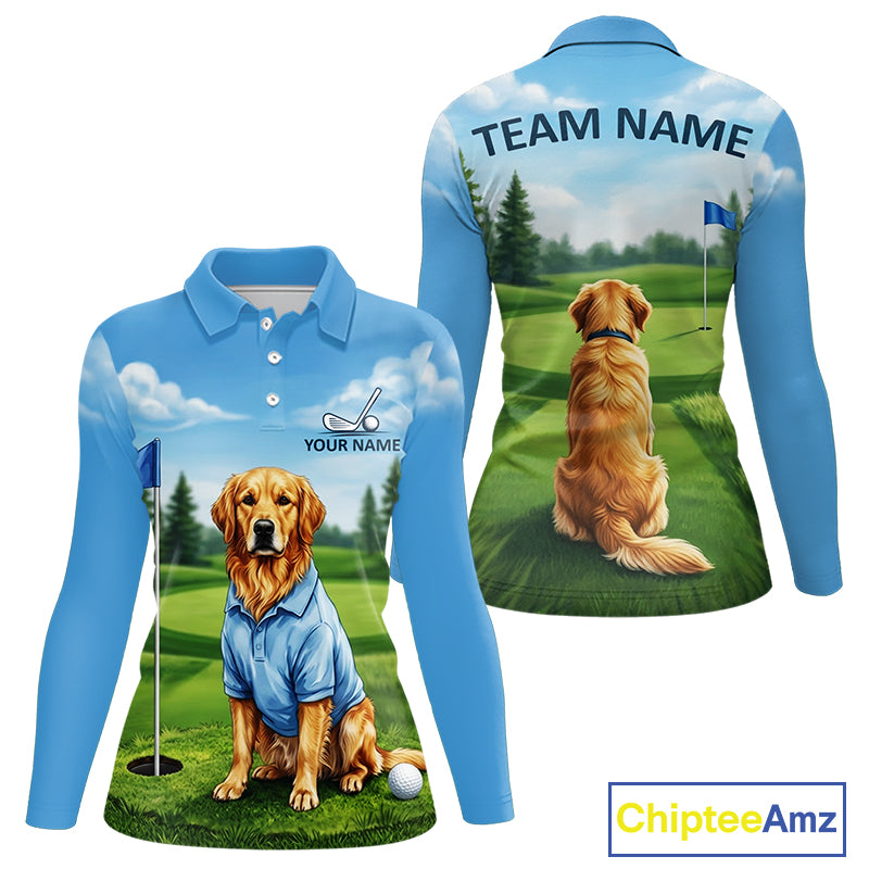 Women's Golden Retriever golf long sleeve polo shirt mockup custom funny golf shirt matching couples golf apparel