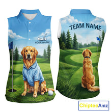 Load image into Gallery viewer, Women's Golden Retriever golf sleeveless polo shirt mockup custom funny golf shirt matching couples golf apparel