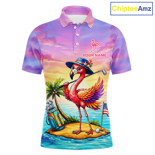 Men's flamingo island golf ball polo shirt mockup tropical golf attire