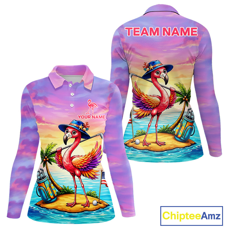 Women's flamingo island golf ball polo shirt mockup tropical golf attire