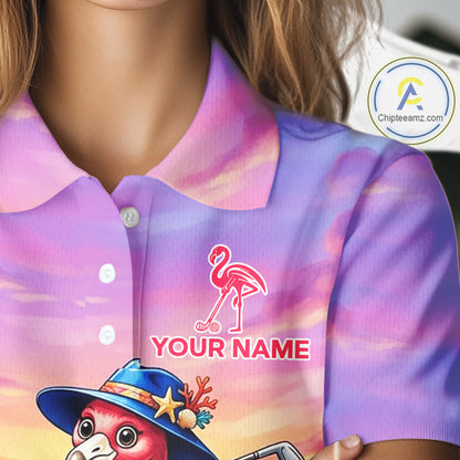Woman wearing flamingo island golf polo shirt on golf course