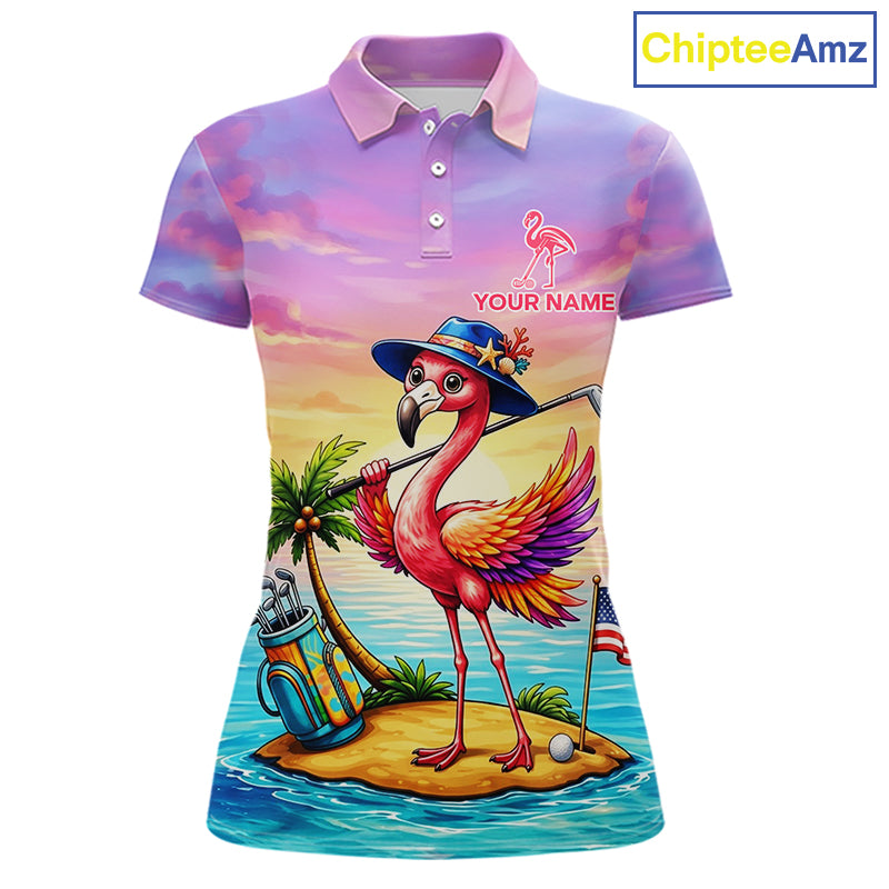 Women's flamingo island golf ball polo shirt mockup tropical golf attire