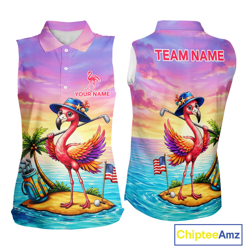 Women's flamingo island golf ball sleeveless polo shirt mockup tropical golf attire