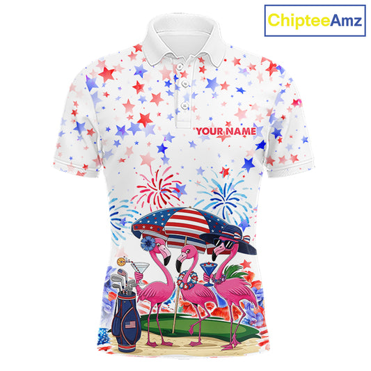 Men's golf polo mockup featuring American Flag with pink flamingo graphics, personalized golf shirt for patriotic golf tournaments, golf teams and country club championships. Appeals to American pride, beach lifestyle and tropical fashion lovers.