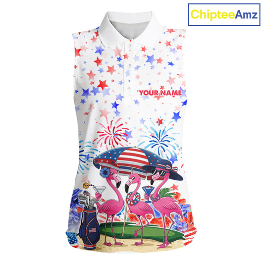 Women's American Flag & Pink Flamingo sleeveless golf polo mockup featuring patriotic tropical artwork, personalized UPF golf apparel for Independence Day golf tournaments, golf clubs and holiday outings. Appeals to patriotic Americans, flamingo lovers, RV travelers and beach lovers.