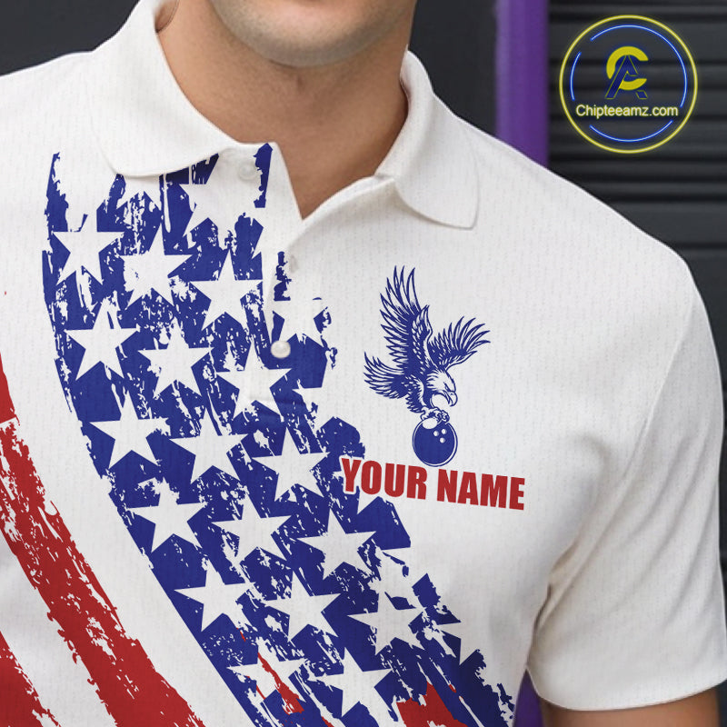 Male athlete wearing grunge American eagle bowling shirt, patriotic bowling fashion, freedom-inspired sportswear, custom bowling team apparel, USA league uniform, eagle symbolism.