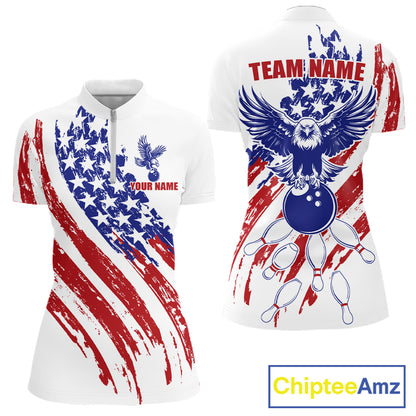 Woman wearing Grunge American Flag Eagle Quarter-Zip Bowling Shirt, personalized tournament jersey, moisture-wicking athletic apparel, patriotic eagle design, custom bowling uniform, league-ready performance wear.