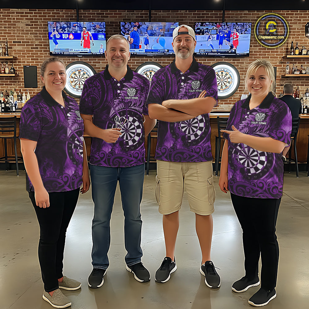 Personalized Fern Leaves Purple Fire Tribal Dart Polo Shirts For Men Dart Team Jerseys NYN2191
