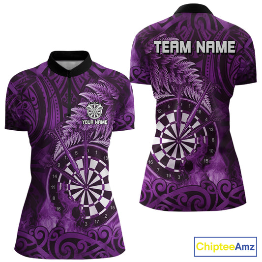 Personalized Fern Leaves Purple Fire Tribal Dart Quarter-Zip Shirts For Women Dart Team Jerseys NYN2191