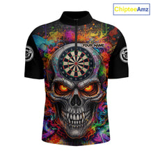 Load image into Gallery viewer, Colorful Smoke Cracked Skull Dartboard Dart 1/4-Zip Shirts For Men Custom Splatter Dart Team Shirts NYN2682
