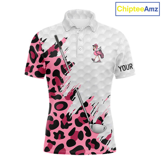 Camouflage Mens Golf Polo Shirt Custom Pink Funny Flamingo Pattern White Golf Team Shirts NYN2835