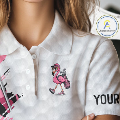 Camouflage Womens Golf Polo Shirt Custom Pink Funny Flamingo Pattern White Golf Team Shirts NYN2835