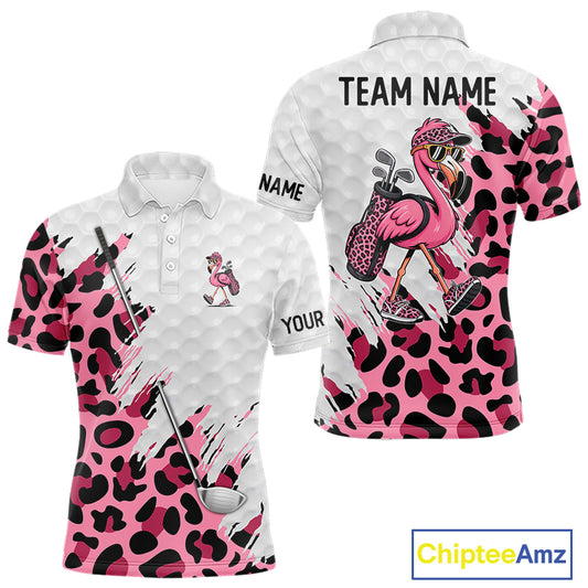 Camouflage Mens Golf Polo Shirt Custom Pink Funny Flamingo Pattern White Golf Team Shirts NYN2835