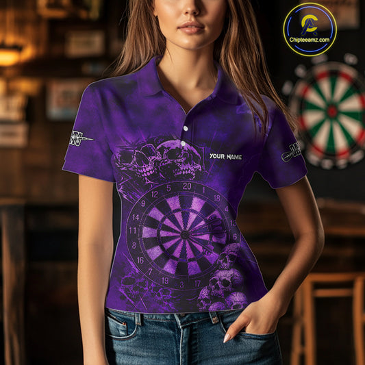 Custom Grunge Purple Dartboard Multi-Skull Dart Women Polo Shirt Dart Team Jerseys NYN1621