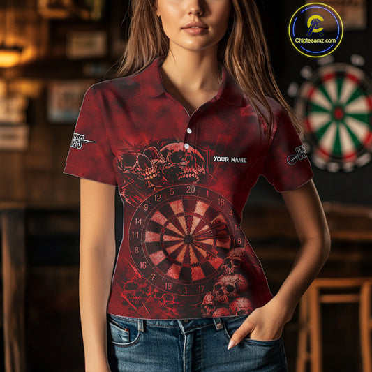 Custom Grunge Red Dartboard Multi-Skull Dart Women Polo Shirt Dart Team Jerseys NYN1622