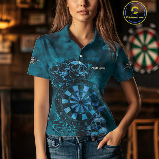 Custom Grunge Turquoise Dartboard Multi-Skull Dart Women Polo Shirt Dart Team Jerseys NYN1623
