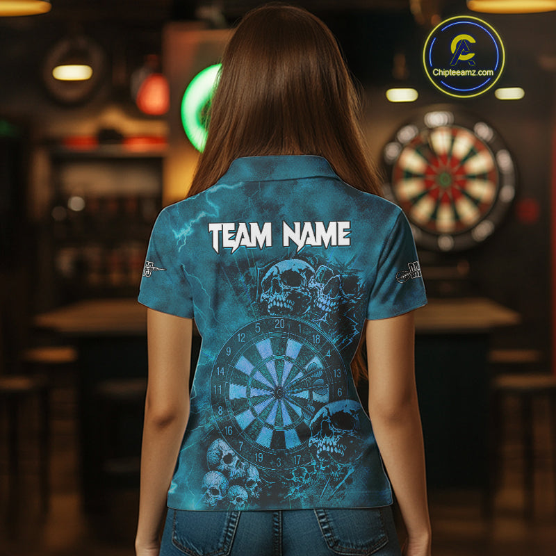 Custom Grunge Turquoise Dartboard Multi-Skull Dart Women Polo Shirt Dart Team Jerseys NYN1623