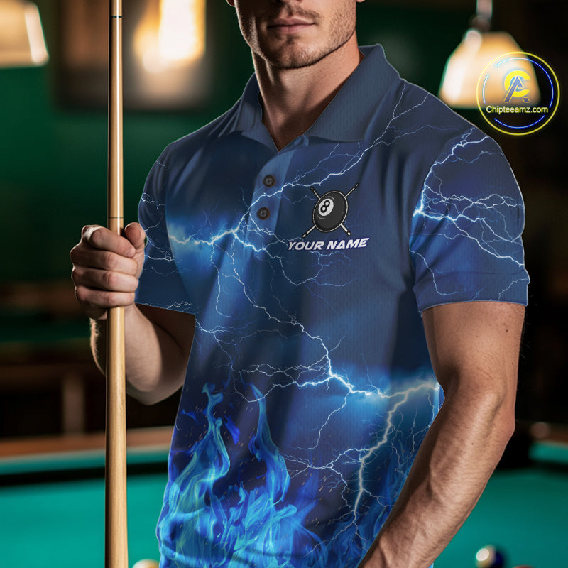 Thunder Blue Flames 8 Ball Pool Billiard Shirt For Men Custom Polo & 1/4 Zip Team Tournament Jersey  NYN3782