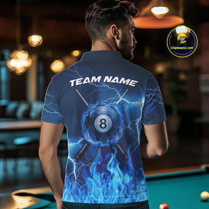 Thunder Blue Flames 8 Ball Pool Billiard Shirt For Men Custom Polo & 1/4 Zip Team Tournament Jersey  NYN3782