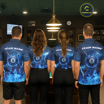 Thunder Blue Flames 8 Ball Pool Billiard Shirt Women Men Custom Polo & 1/4 Zip Team Tournament Jersey NYN3782