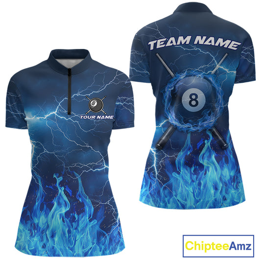 Thunder Blue Flames 8 Ball Pool Billiard Shirt Women Men Custom Polo & 1/4 Zip Team Tournament Jersey NYN3782