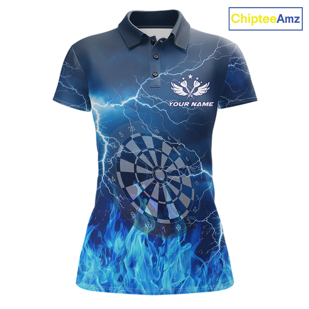 Thunder Blue Flames Dartboard Women's Darts Polo Shirt, Custom Team Jersey, Personalized League Uniform, Blue Fire Dartboard Performance Shirt, Tournament Apparel, Sports Bar League, Gift For Dart Players, Precision, Power & Competitive Spirit