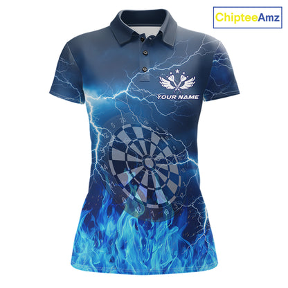 Thunder Blue Flames Dartboard Women's Darts Polo Shirt, Custom Team Jersey, Personalized League Uniform, Blue Fire Dartboard Performance Shirt, Tournament Apparel, Sports Bar League, Gift For Dart Players, Precision, Power & Competitive Spirit