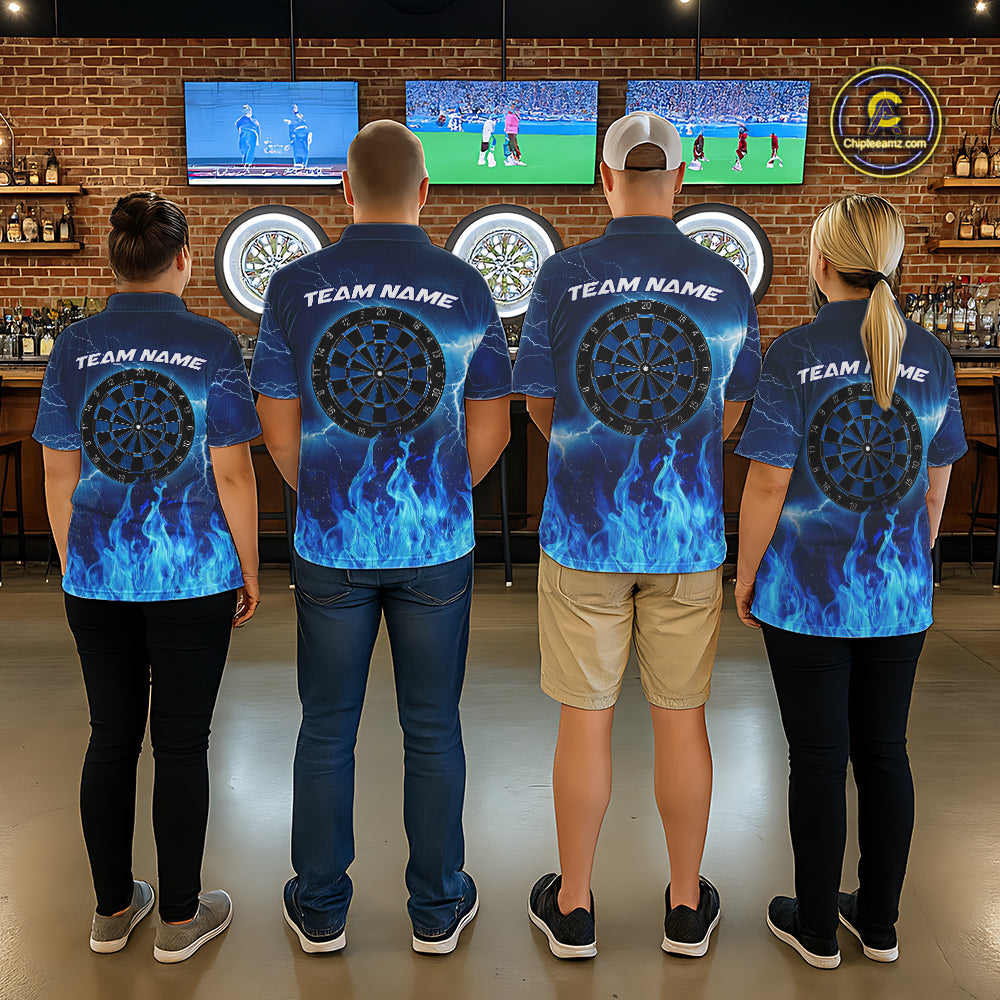 Mixed darts team wearing matching Thunder Blue Flames custom polo and quarter-zip jerseys, personalized league uniforms, tournament apparel, sports bar championship, teamwork, unity, competitive excellence