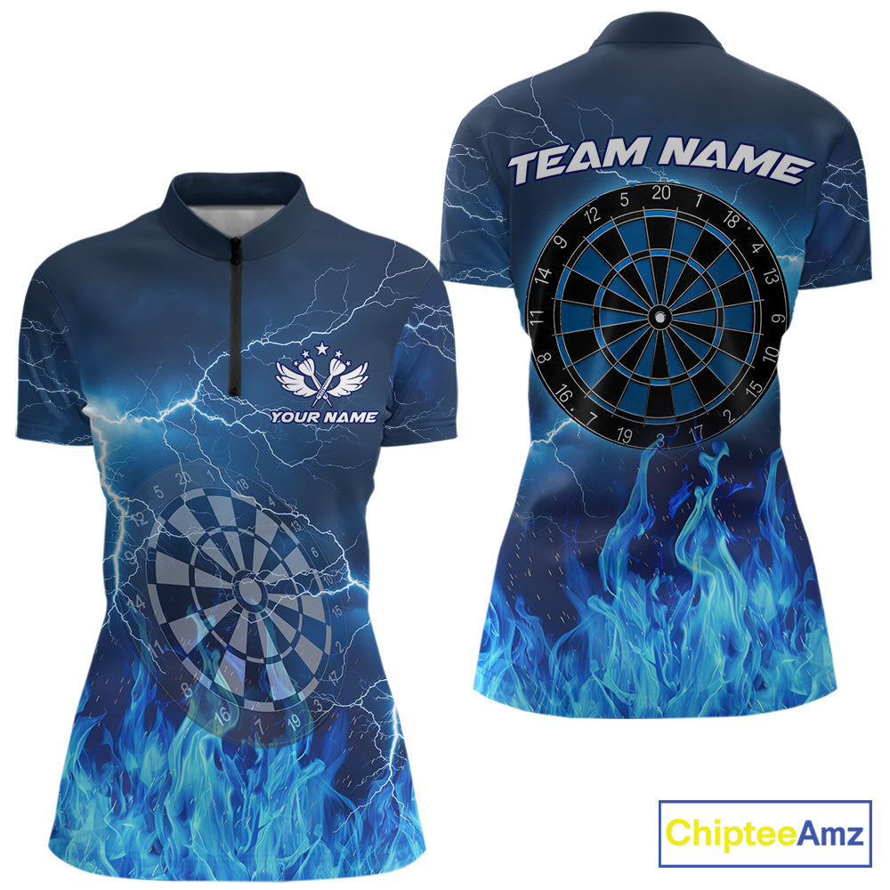 Thunder Blue Flames Women's Quarter-Zip Darts Shirt, Personalized Team Tournament Jersey, Moisture-Wicking Performance Apparel, Blue Fire Dartboard Design, League Outfit, Precision, Focus, Victory Symbol