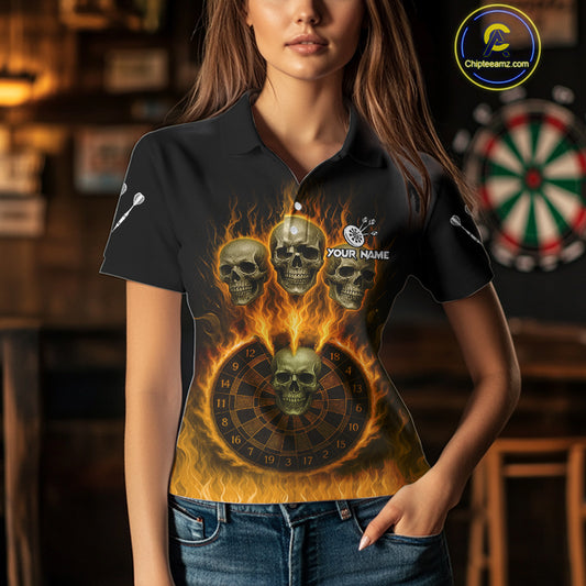 Custom Yellow Flames Dartboard Horror Multi Skull Dart Women Polo Jerseys Outfits Dart Shirt NYN1681