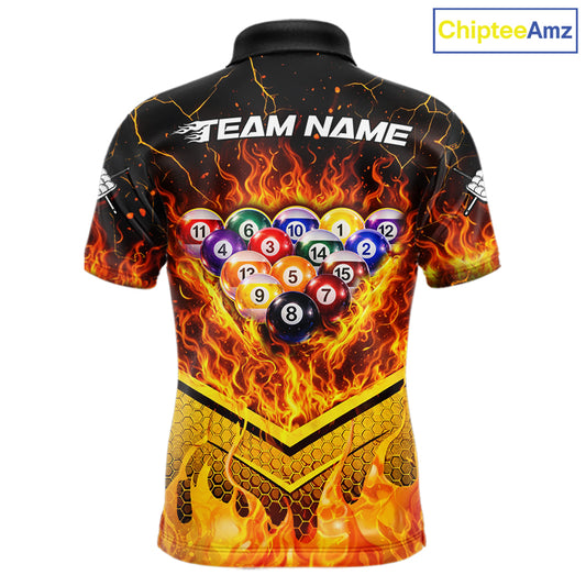Yellow Flames Hexagon Pool Ball Set Billiards Shirt For Men Personalized Pool Balls 8 Billiard Attire NYN2690
