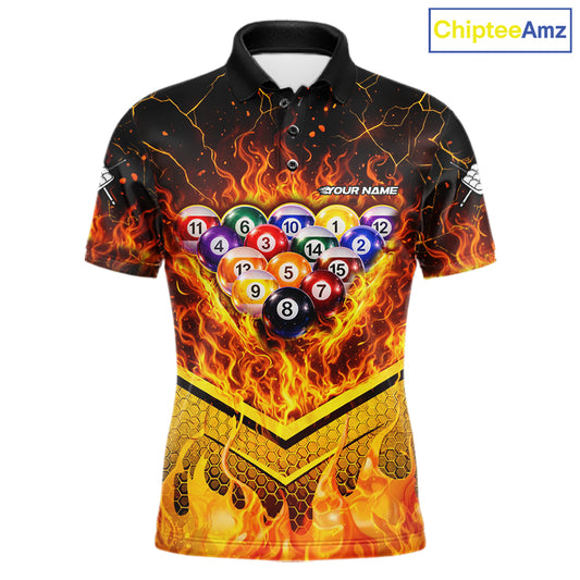 Yellow Flames Hexagon Pool Ball Set Billiards Shirt For Men Personalized Pool Balls 8 Billiard Attire NYN2690