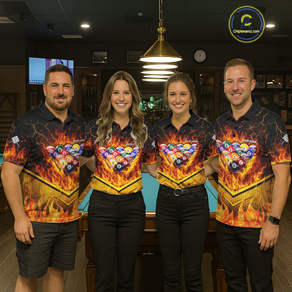 Yellow Flames Hexagon Pool Ball Set Billiards Shirt For Men Personalized Pool Balls 8 Billiard Attire NYN2690