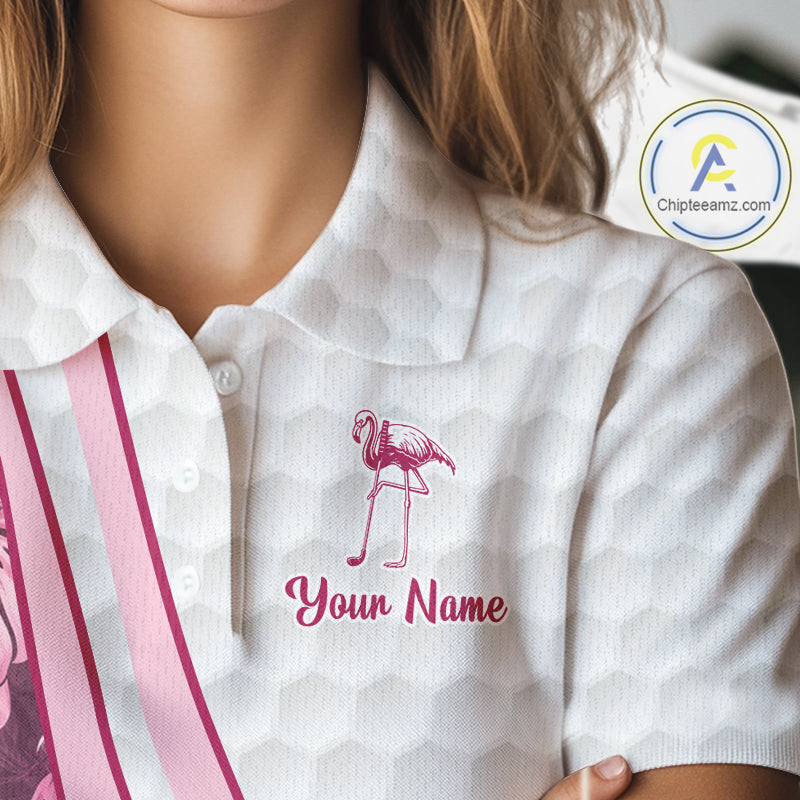 Funny Flamingo Womens Golf Polo Shirt Custom Pink And Purple Monstera Pattern White Golf Shirts NYN2841