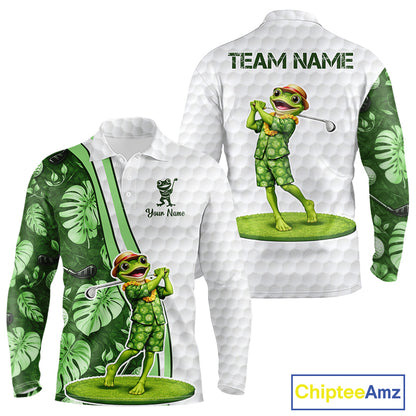 Funny Frog Golf Polo Shirt Custom Green Monstera Pattern White Golf Attire For Men NYN2842