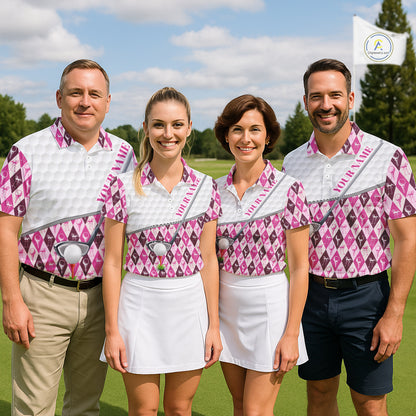 Mens Golf Polo Shirts Custom Pink Argyle And Flamingo Plaid Pattern Golf Attire For Men NYN2843