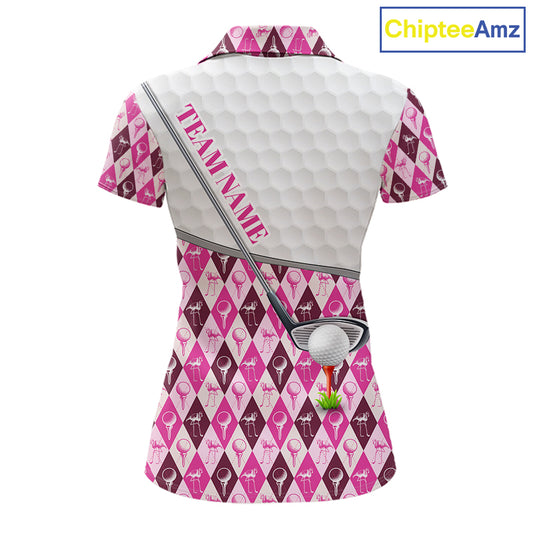 Mens Golf Polo Shirts Custom Pink Argyle And Flamingo Plaid Pattern Golf Attire For Women NYN2843