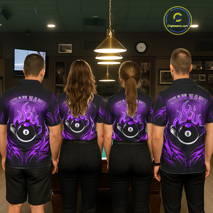 Custom Purple Flaming 8 Ball Billiard Shirts For Women Billiard League Billiard Team Shirts NYN2848